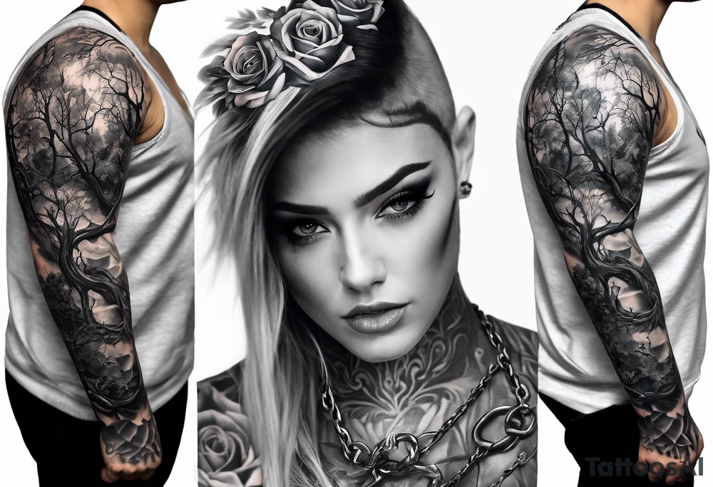 tattoo fool sleeve, dark castle, tree roots break out of the chains, broken mask, girl, roses tattoo idea