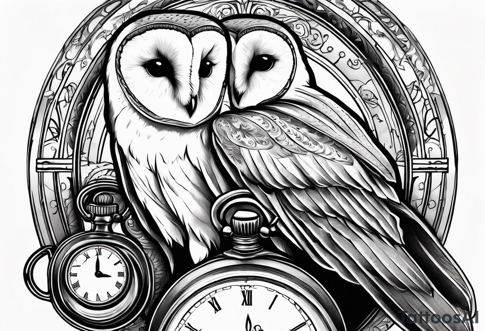 Barn owl holding a pocket watch with the time set at 1:43 tattoo idea