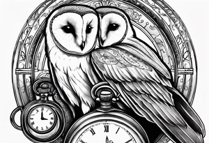 Barn owl holding a pocket watch with the time set at 1:43 tattoo idea