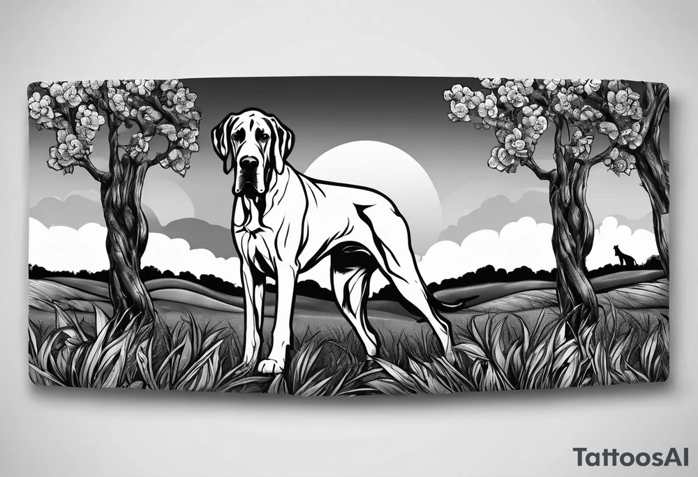 Arm sleeve for man- with floppy ear Great Dane standing fiercely chest up with outdoors fill work around tattoo idea