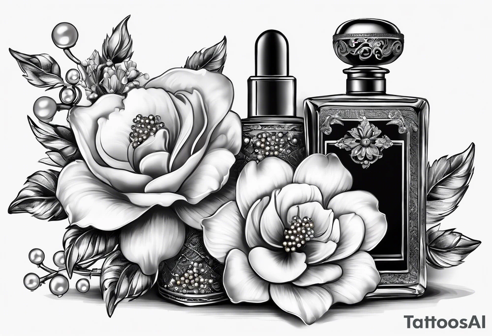 1950s perfume bottle and 1950s lipstick tube wrapped with pearls, hair bows, flowers, and lace. tattoo idea