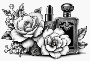 1950s perfume bottle and 1950s lipstick tube wrapped with pearls, hair bows, flowers, and lace. tattoo idea