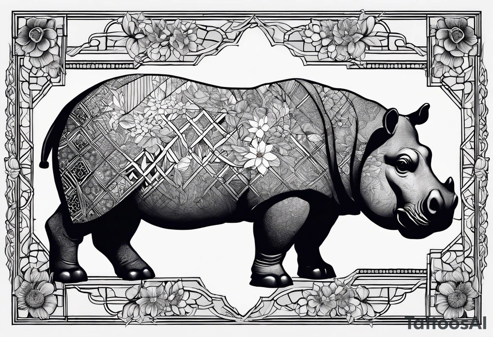 Very asymmetrical, +geometric pattern, with realistic full moon, with seeious looking hippo,,
with wintersweet flower bud, +portrait orientation, +inkart touch, tattoo idea
