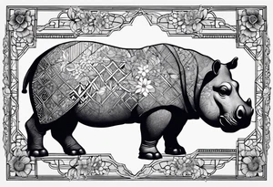 Very asymmetrical, +geometric pattern, with realistic full moon, with seeious looking hippo,,
with wintersweet flower bud, +portrait orientation, +inkart touch, tattoo idea