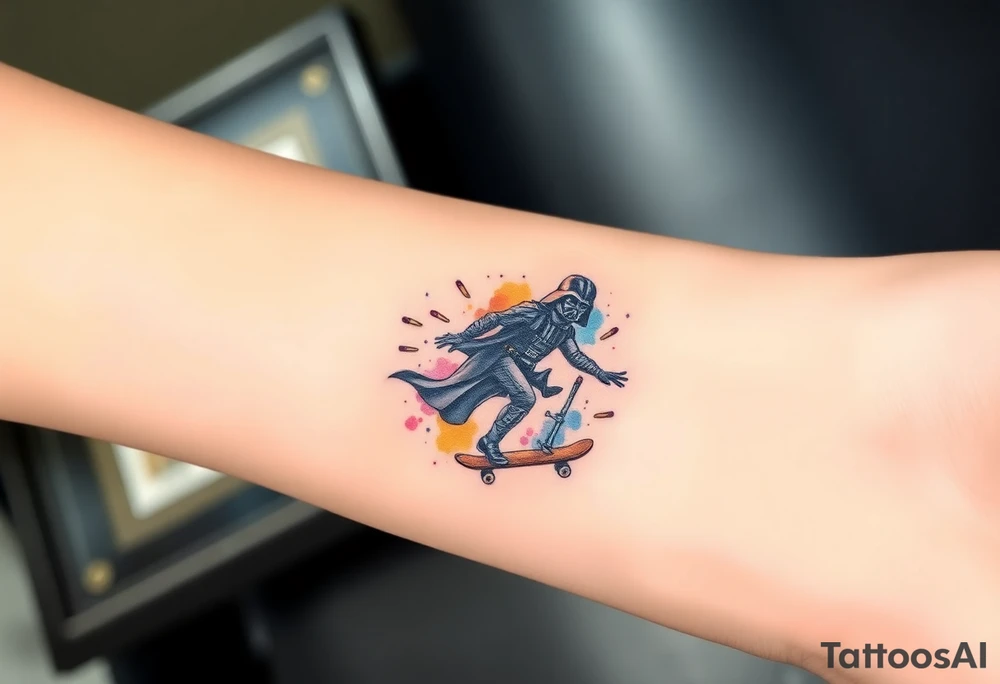 Darth Vader skateboarding > bullets > in loving memory > colors > god
add words "Darth Carter" on skateboard
add date 12/29/88-01/06/24 tattoo idea