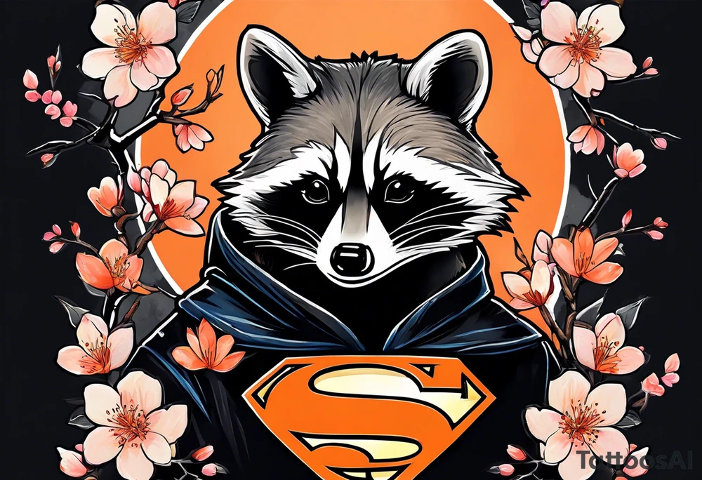 Raccoon wearing a white Superman logo on a black hoodie and orange Japanese cherry blossoms tattoo idea