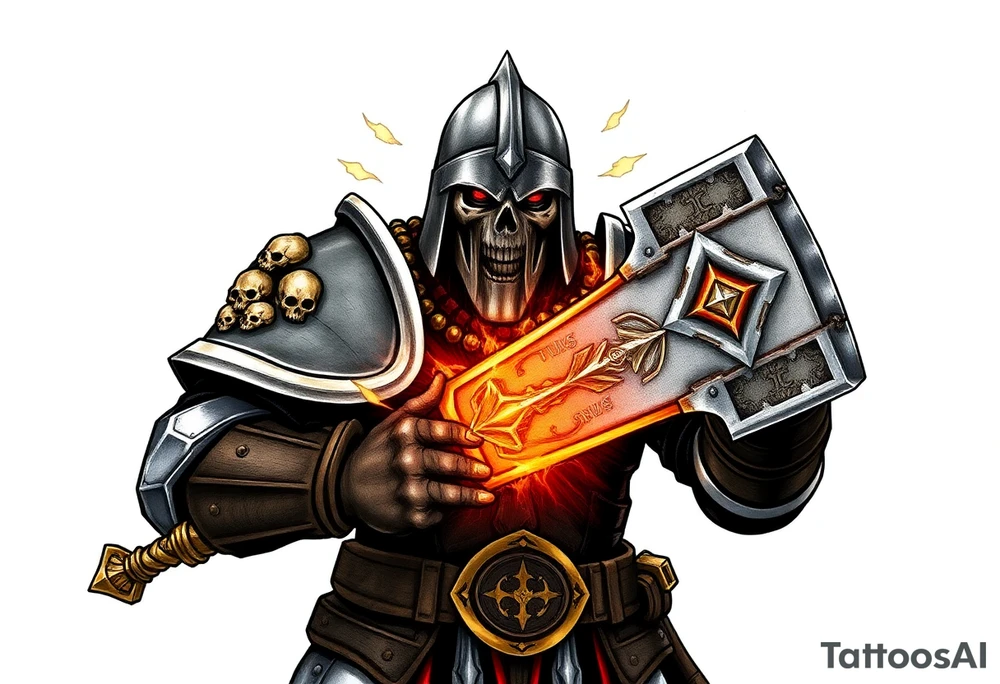 Warhammer, the Old World. A warrior priest of Sigmar holding The Warhammer of Sigmar. The Warhammer of Sigmar is radiating thunderous energy. The Warhammer is held by the warrior priest with both hands at the shaft with a firm grip in order to contain its unlimited energy, upon his chest level. The Warrior priest is wearing dark alloyed heavy armour (reference armor from warhammer vermintide 2 Victor Saltzpyres, the warrior priest of Sigmar class) with skull sigils on his shoulder pads. The warrior priest is wearing a helmet, while the helmets front visor has an humanoid face covering. The helmet and armour are gladened with hints of gold and crimson red. The Warhammer is silverish and golden with a long shaft with twisted carvings. tattoo idea