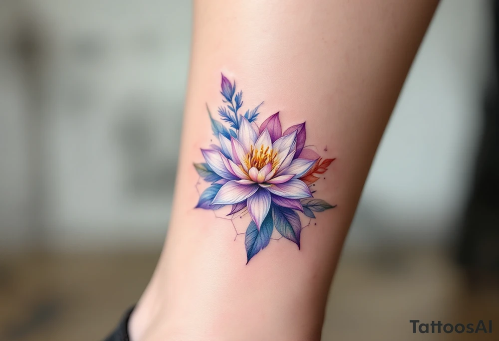 Leo, larkspur and water lily surrounded by a hexagon tattoo idea