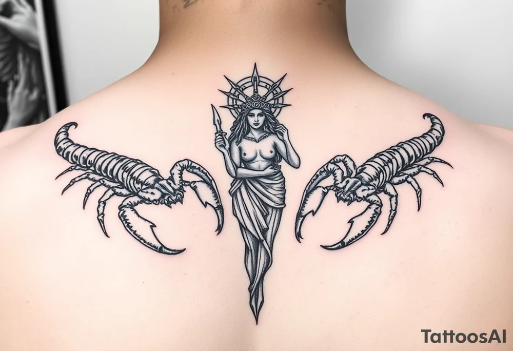 powerful majestic scorpions next to the figure of Themis tattoo idea