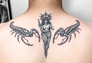 powerful majestic scorpions next to the figure of Themis tattoo idea