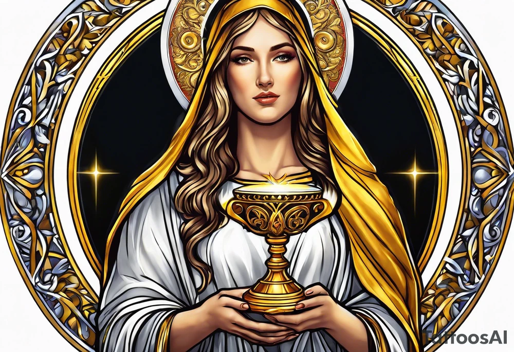 holy saint woman with golden halo holding a chalice tattoo idea