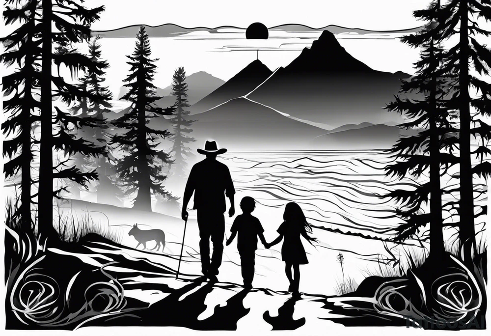 A shadow of a family of four walking through the Pacific northwest landscape. Father, Wife, Son, daughter.
 Faith centered and add Mexican tribal  border with importance of faith.
Add crosses and GOD tattoo idea