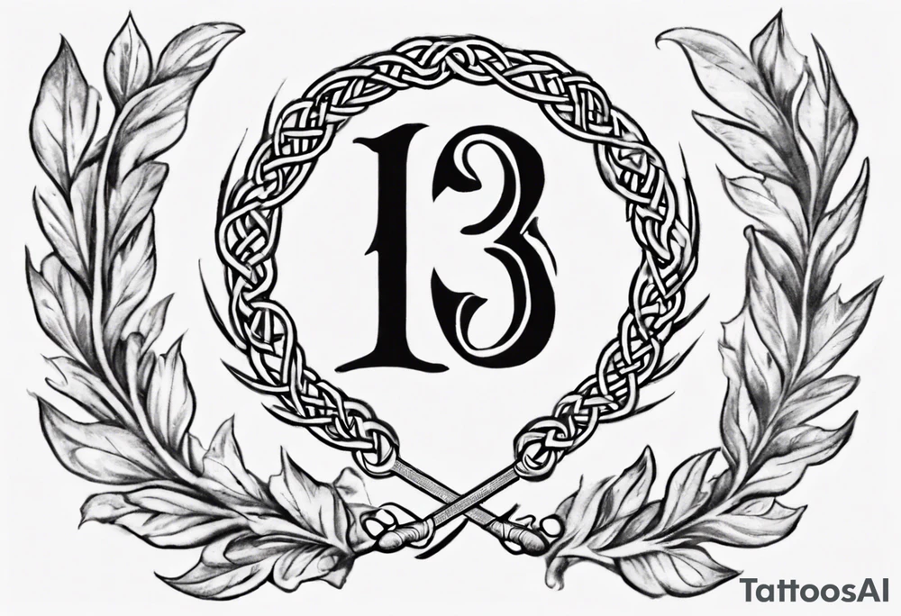 The number 13 in the middle of a laurel leaf wreath, a Celtic sword under the number. tattoo idea