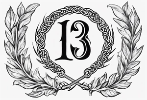 The number 13 in the middle of a laurel leaf wreath, a Celtic sword under the number. tattoo idea