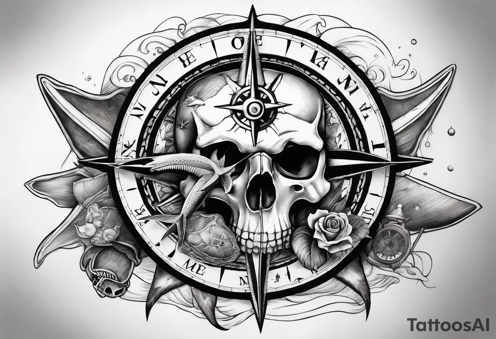 Nautical pirate themed compass with a skull, oyster with pearl, shark and starfish. Placed on the shoulder tattoo idea