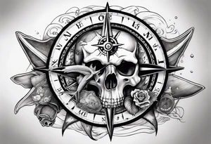 Nautical pirate themed compass with a skull, oyster with pearl, shark and starfish. Placed on the shoulder tattoo idea