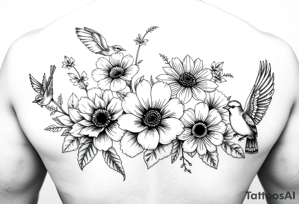 Different flowers with different birds surrounding them. Black and white tattoo idea