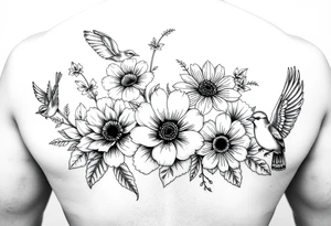 Different flowers with different birds surrounding them. Black and white tattoo idea
