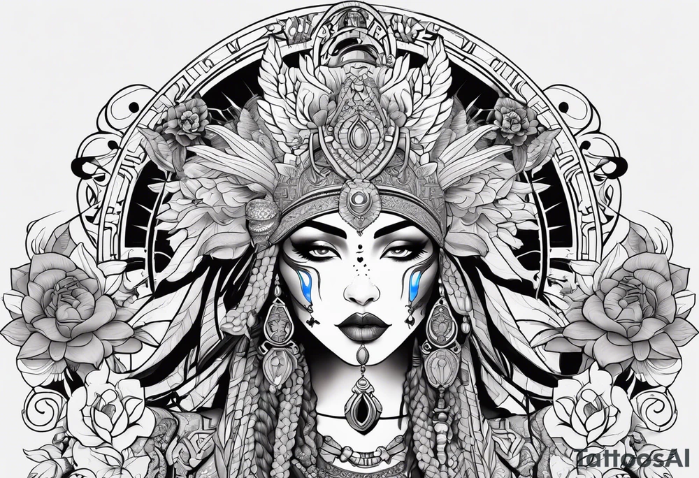 kali ma, alien goddess, valkrye, pirate, divine feminine, zenza resonance, pachamama, lotus azul, blank panther, eagle, skull, 5D, nueva gaya, dna 12 tattoo idea