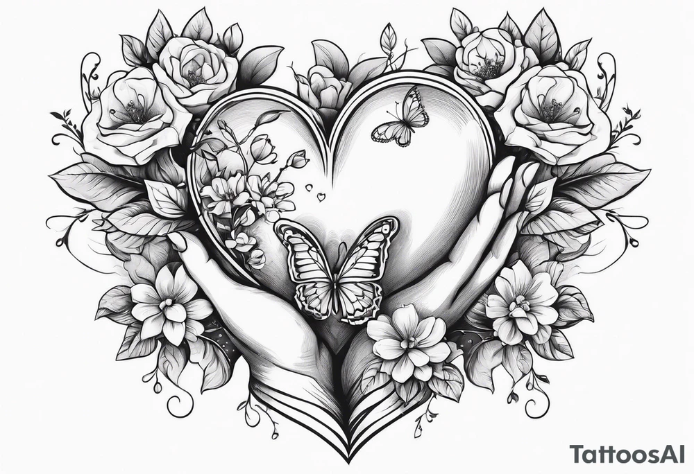 hands holding a heart. flowers sprouting from the top of the heart and butterflies flying around the flowers tattoo idea