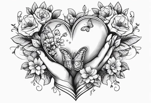 hands holding a heart. flowers sprouting from the top of the heart and butterflies flying around the flowers tattoo idea
