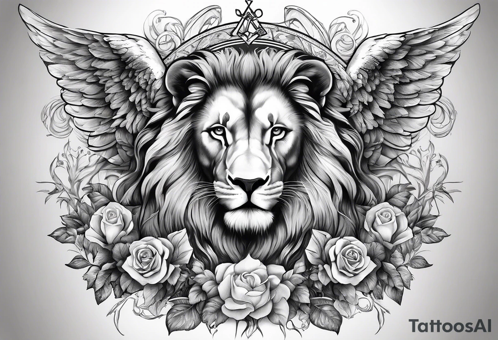Full sleeve with Lion, cross, praying hands and angels. Incorporate the names Scarlett and Faith in the design tattoo idea