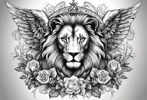 Full sleeve with Lion, cross, praying hands and angels. Incorporate the names Scarlett and Faith in the design tattoo idea