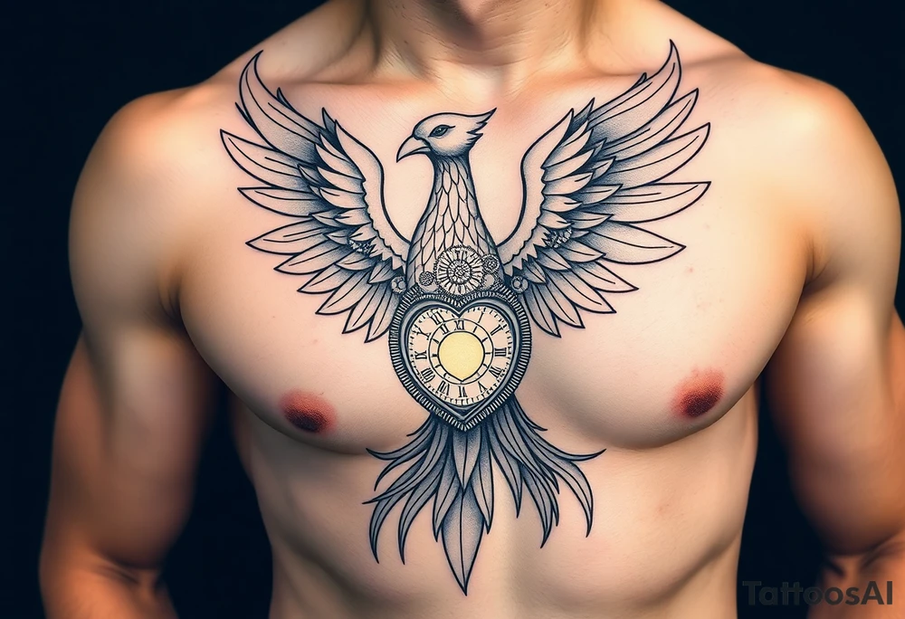 A stylized phoenix rising with feathers composed of intricate clock gears and mechanical parts. The chest reveals a glowing clockwork heart symbolizing emotional depth, love, and resilience amidst anxiety. The design combines fine line and dotwork detailing on the mechanical elements with bold, clean lines for the phoenix silhouette. Minimal shading emphasizes contrast and highlights the glowing heart. tattoo idea