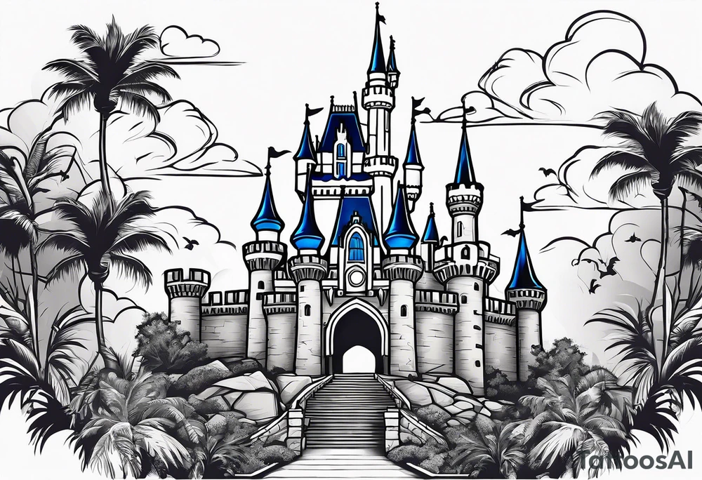 disney castle with lightning palm trees and a karambit tattoo idea