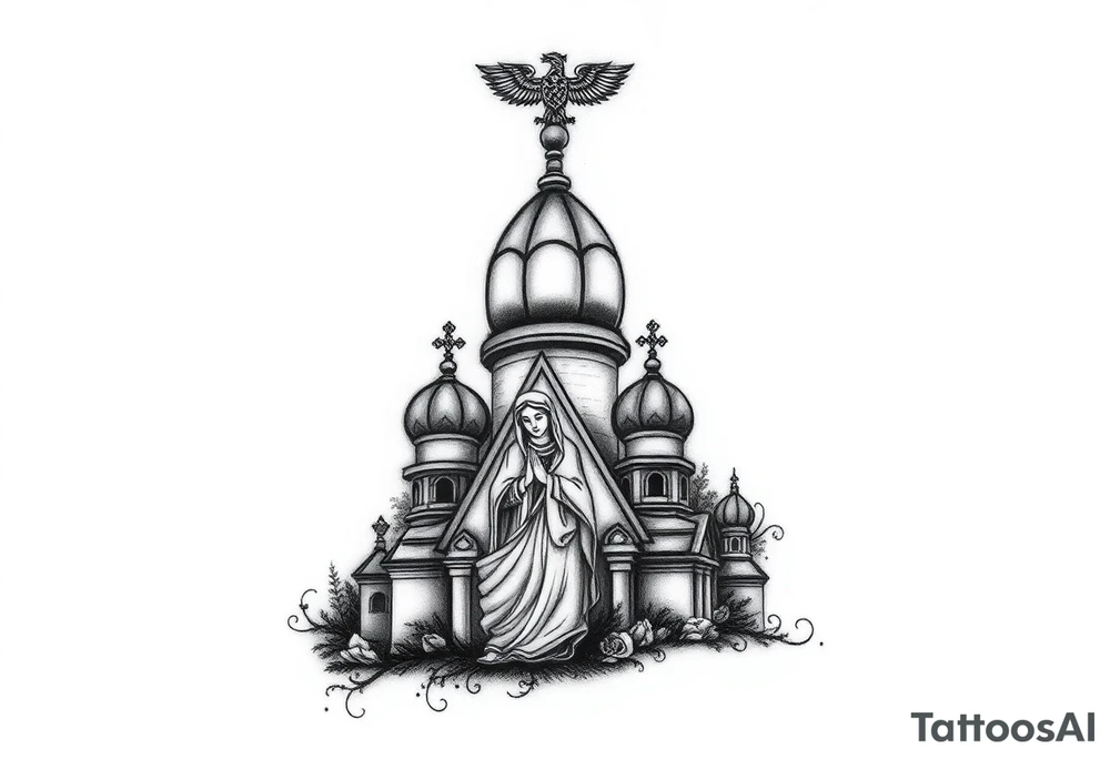 Flowing Scene

A onion domes orthodox church
Virgin Mary in prayer pose wrapping around the lower neck curve
A small double headed russian coat of arms eagle or just the star tucked above the dome near the hairline tattoo idea