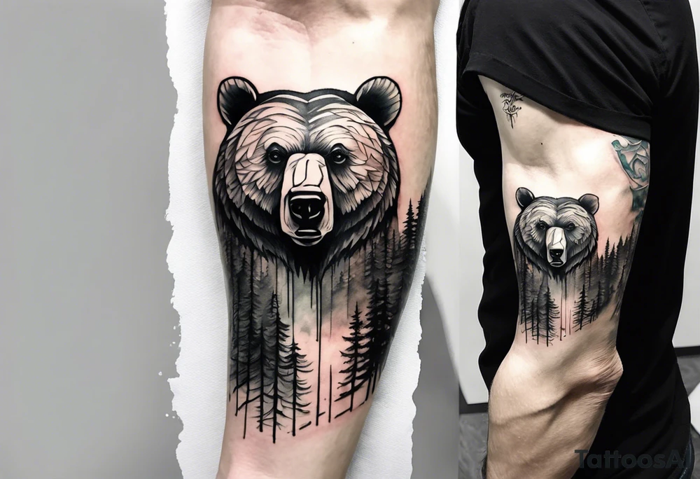 bear head right above the forest line with a lake below, full arm sleeve tattoo tattoo idea