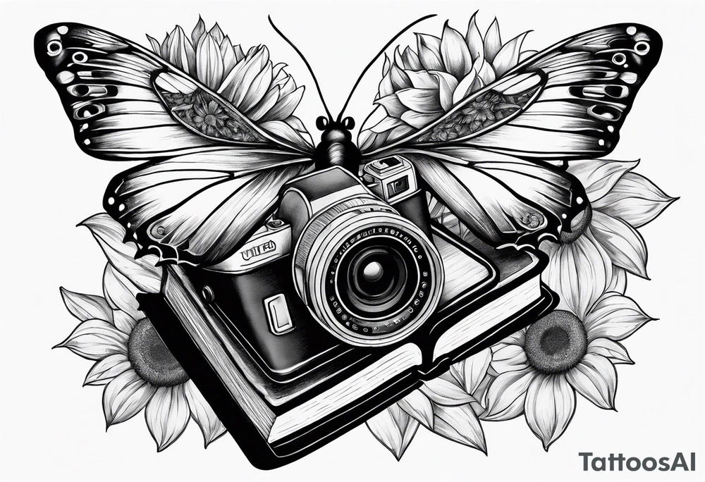 Butterfly, sunflower, camera, book tattoo idea