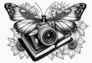 Butterfly, sunflower, camera, book tattoo idea