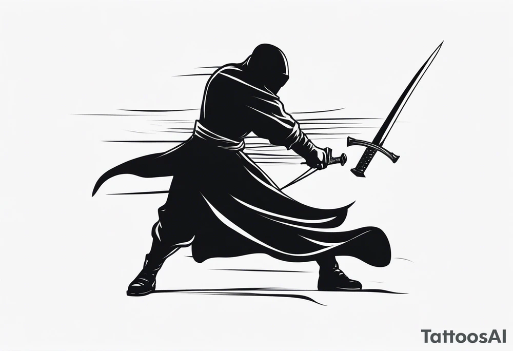 black figure with sword and blind fold ready to attack tattoo idea