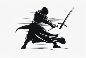 black figure with sword and blind fold ready to attack tattoo idea