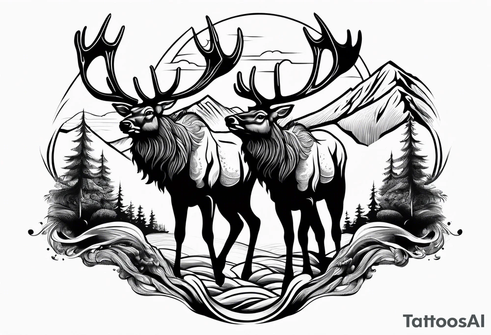 two elk fighting with mountains and stream in background tattoo idea