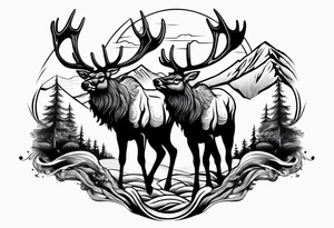 two elk fighting with mountains and stream in background tattoo idea