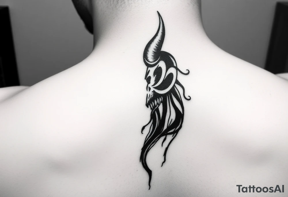 Bold. cover up .saying Evil Side from ear to ear on front of neck. black and white . Devil whisper in ear tattoo idea