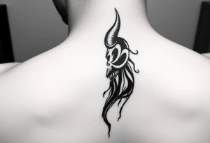Bold. cover up .saying Evil Side from ear to ear on front of neck. black and white . Devil whisper in ear tattoo idea