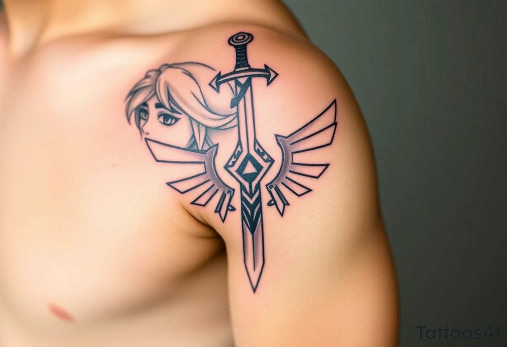 1. Theme: The Legend of Zelda: specifically Link and Zelda
2. Placement: Left Upper Arm
3. Style: Breath of the Wild (in color)
4. Elements to include: Master Sword in center, Link‘s face on one side, looking away from the sword, Zelda on the other side of the sword, looking in the other direction
5. size: full upper arm covered tattoo idea