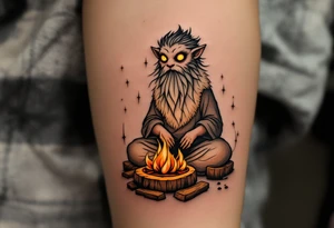 Domovoi Spirit – A small, bearded creature in fur and linen with glowing yellow eyes, sitting by a hearth with amber flames and wooden textures in brown and ochre. tattoo idea