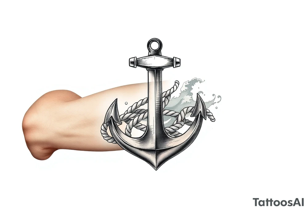 weathered anchor wrapped in nautical rope with sea waves tattoo idea