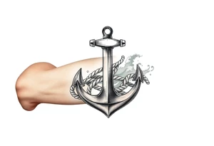 weathered anchor wrapped in nautical rope with sea waves tattoo idea