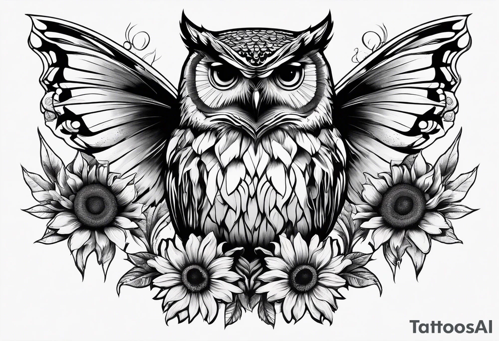 Owl with butterfly and sunflower tattoo idea