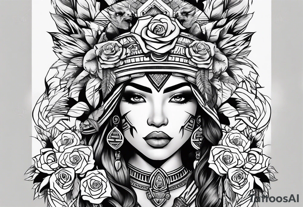 Armored Aztec woman woman with a wolf and a cored rose tattoo idea