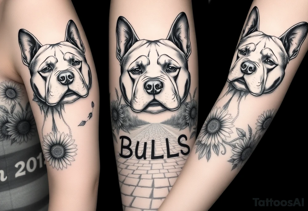 Collage of American bully portraits in black and white with sunflowers, an old road made from pavers the words Mountain State Bullies tattoo idea