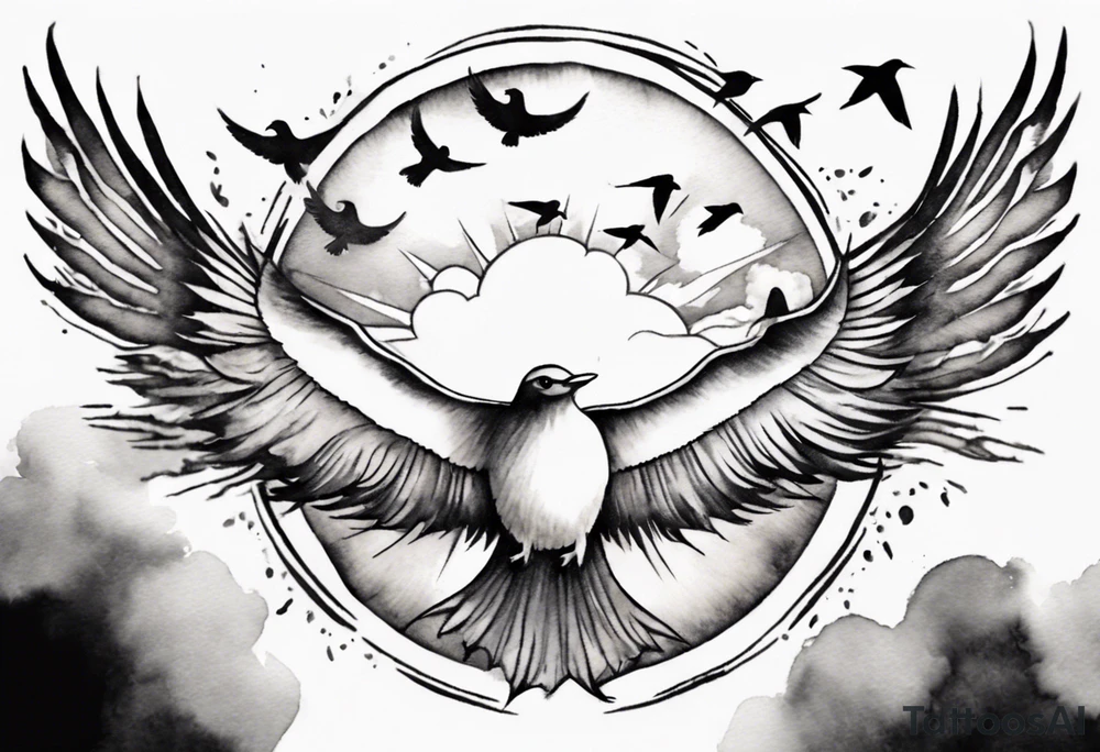 a shoulder round shape tattoo with lots of rays of light in gradient starting from the middle
, clouds and birds flying free tattoo idea