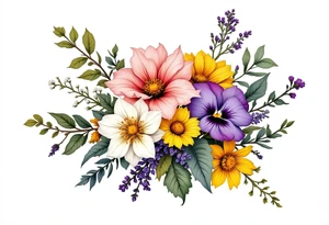 Beautiful Bouquet made up of Heather, pansy, oak, queen Anne’s lace, and honeysuckle. tattoo idea