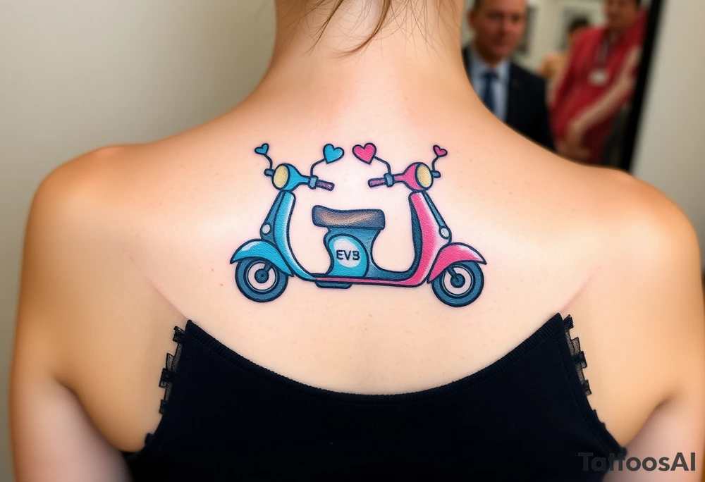 2 scooters, blue and pink, riding together in love tattoo idea