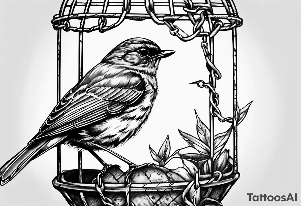 caged robin bird chained tattoo idea